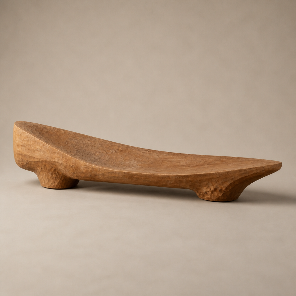 Saddle Plane, teak wood console sculpture — three-quarter view