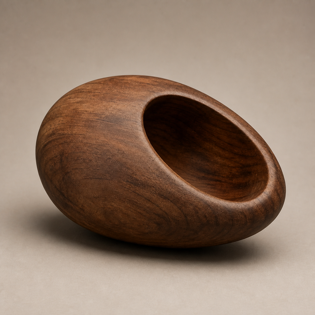 Seed Vessel, teak wood tabletop sculpture — three-quarter view