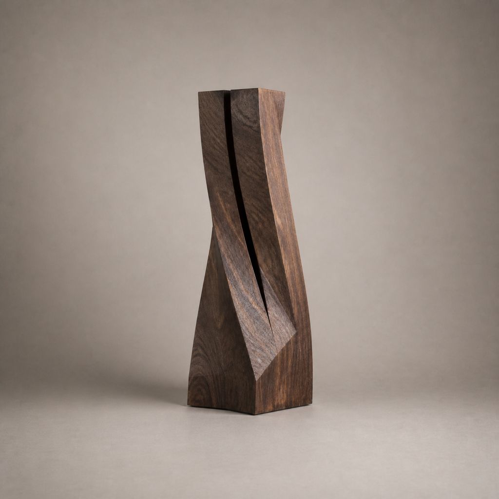 Torque Study, abstract teak wood sculpture — three-quarter view