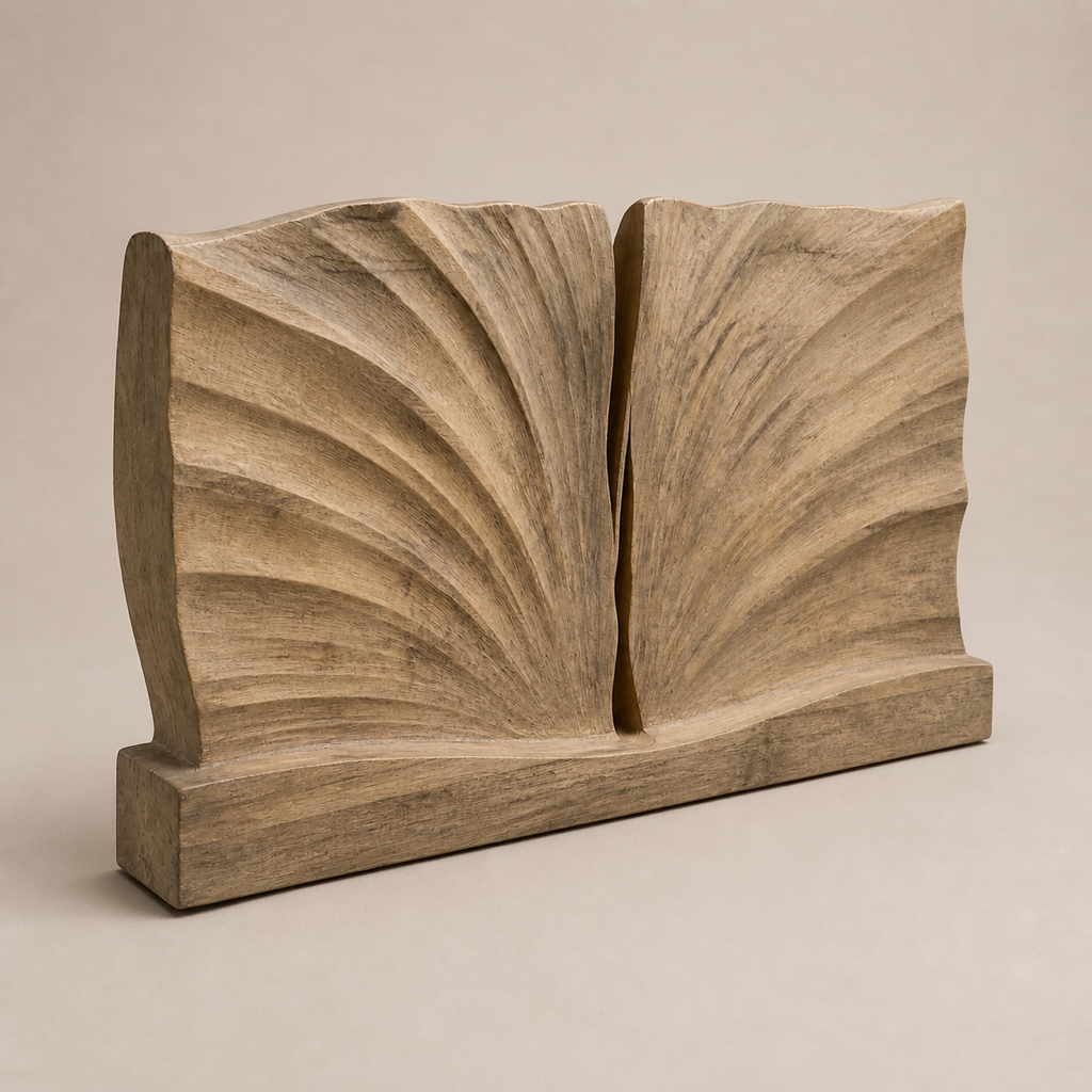 Axial Field, carved teak wood wall art — three-quarter view