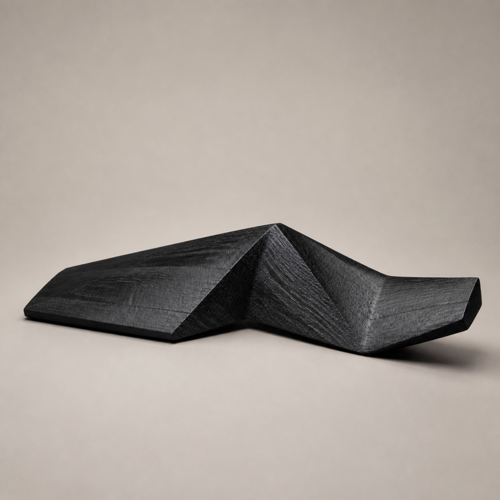 Folded Horizon, teak wood console sculpture — three-quarter view
