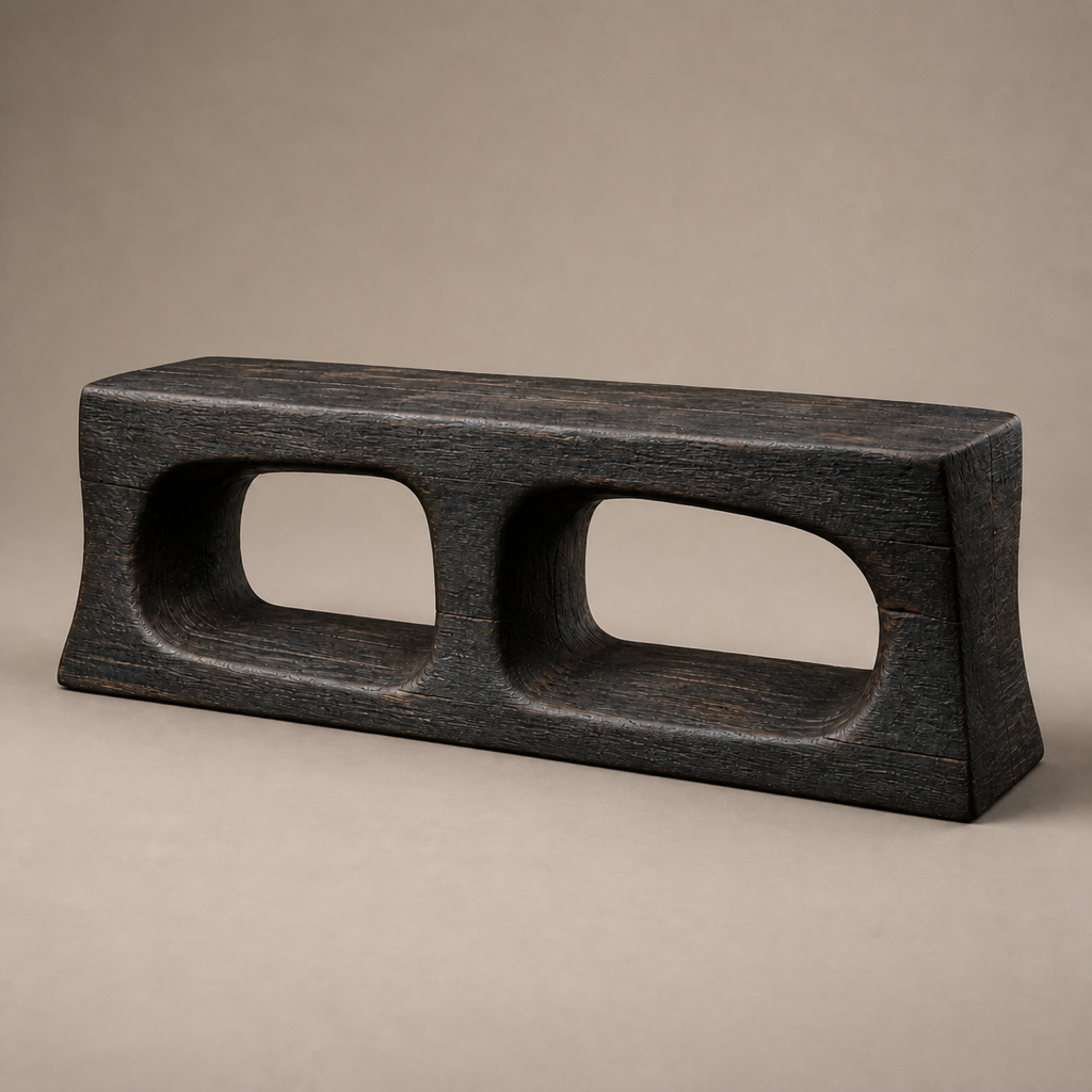 Cinder Span, teak wood console sculpture — three-quarter view
