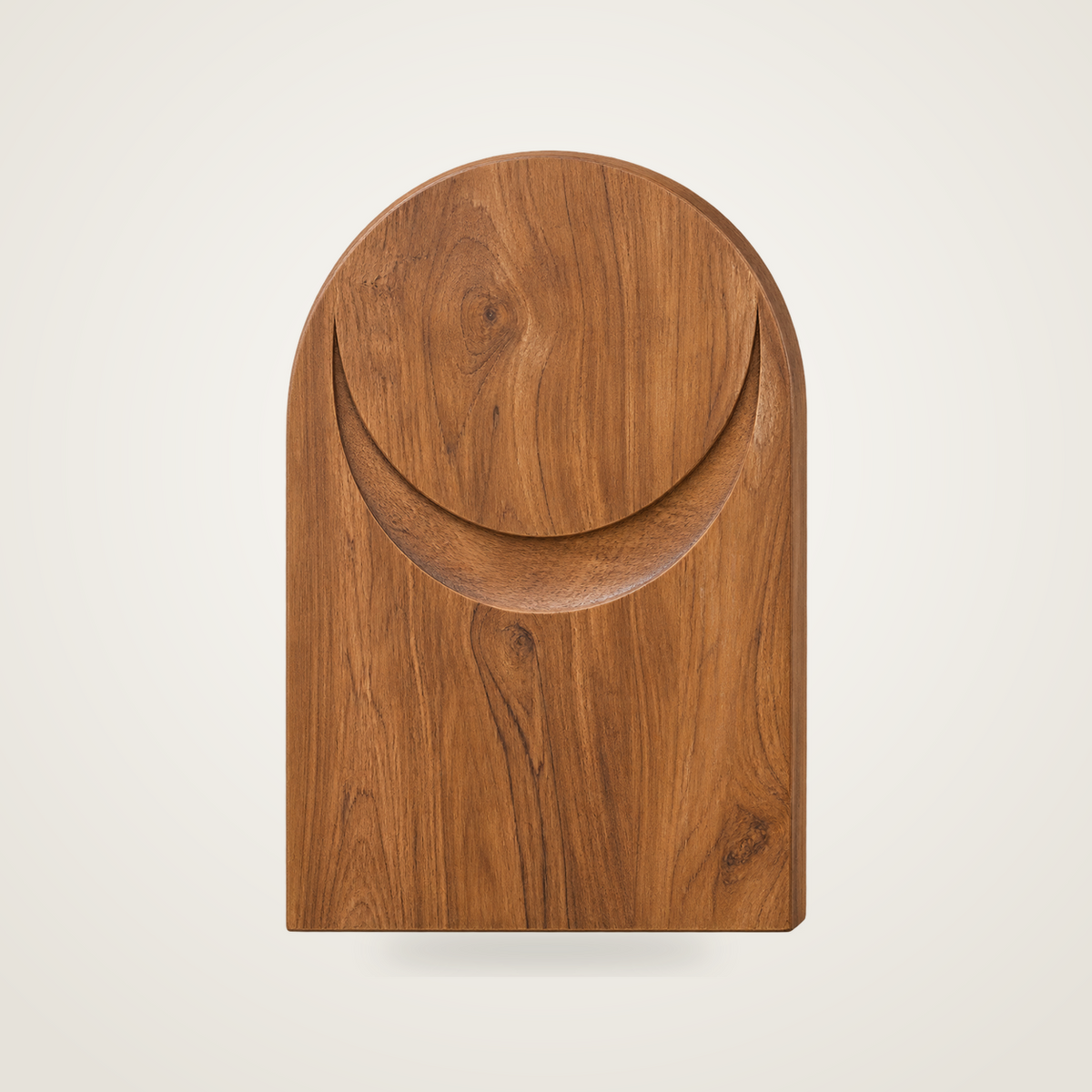 Crescent Plinth, abstract teak wood sculpture — three-quarter view