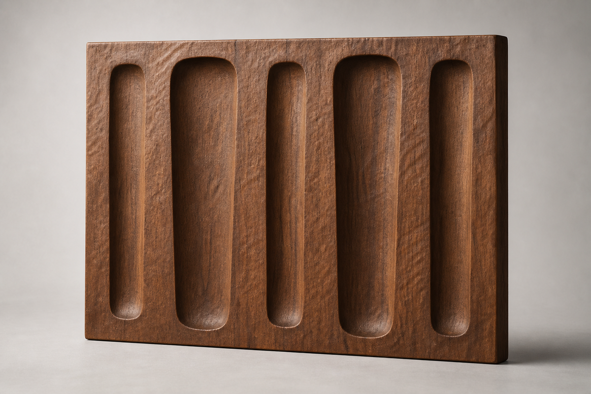 Groove Rhythm Relief, carved teak wood wall art — three-quarter view