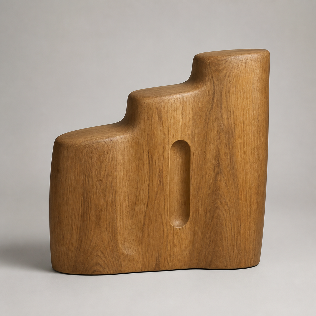 Terraced Rise, teak wood floor sculpture — three-quarter view