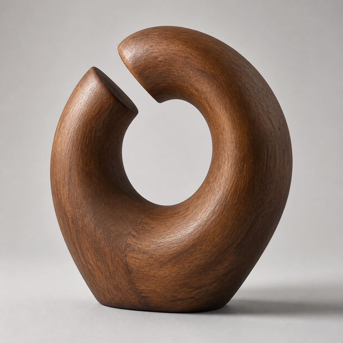 Severed Loop, teak wood tabletop sculpture — product view
