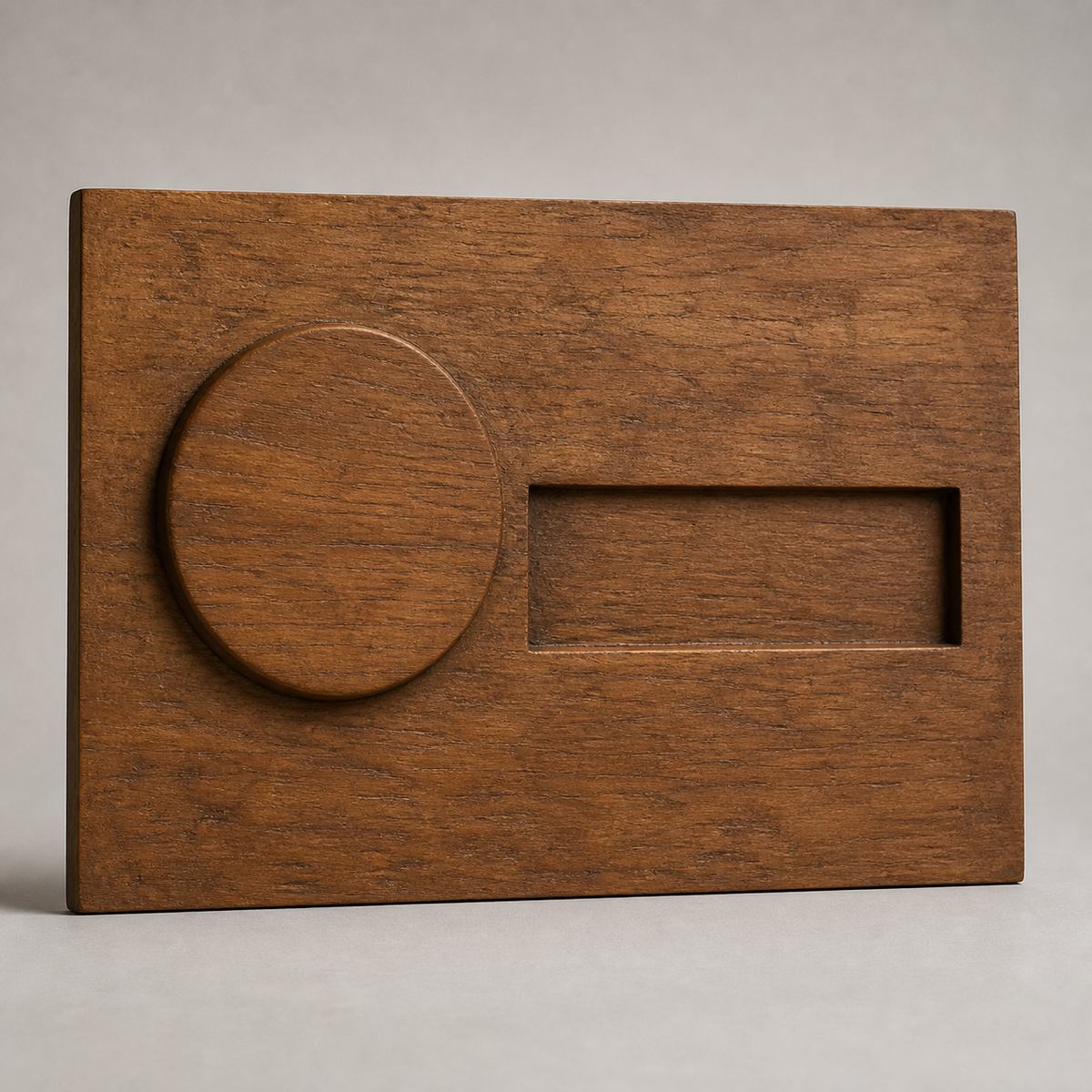 Counterweight Relief, carved teak wood wall art — three-quarter view