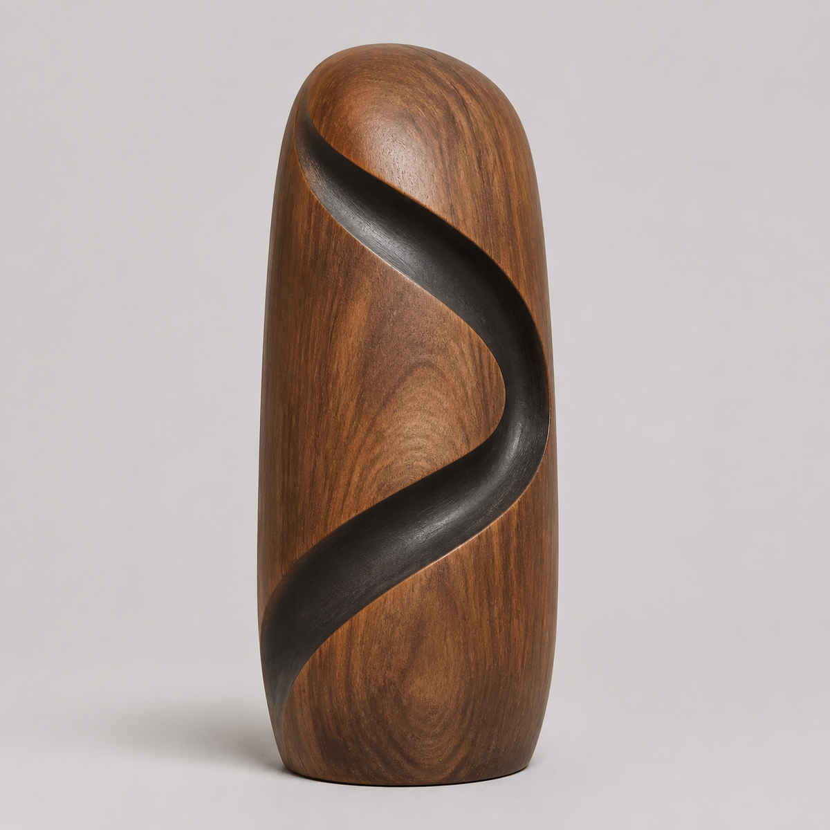 Spiral Rift Monolith, teak wood floor sculpture — product view