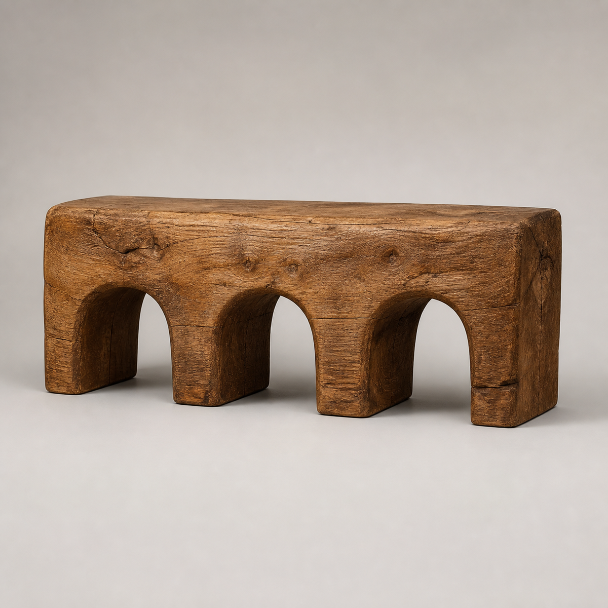 Triple Compression, teak wood console sculpture — product view
