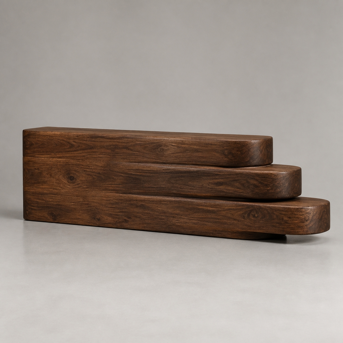 Layered Reach, teak wood console sculpture — product view