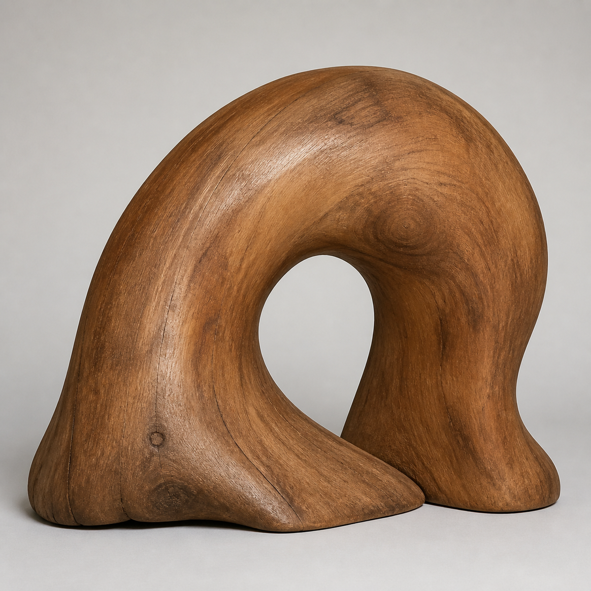 Rooted Arc, abstract teak wood sculpture — three-quarter view