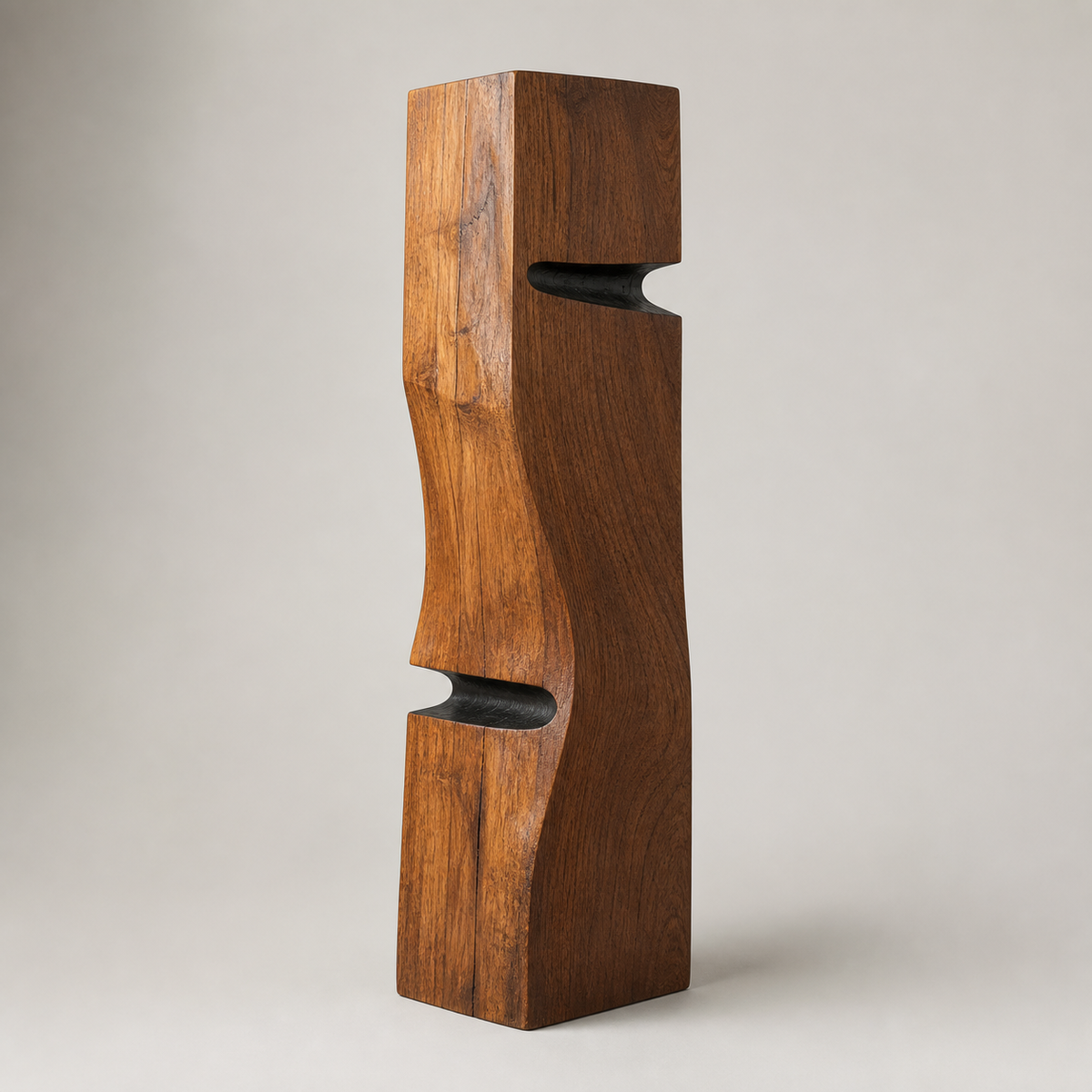 Crosscurrent Totem, teak wood floor sculpture — product view