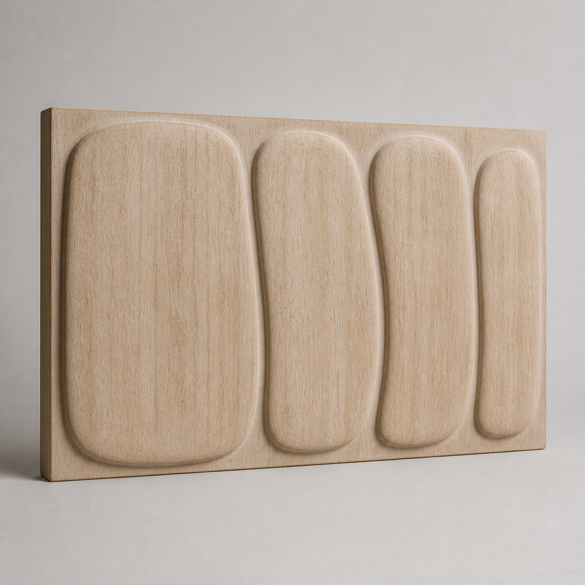 Compression Field Relief, carved teak wood wall art — three-quarter view