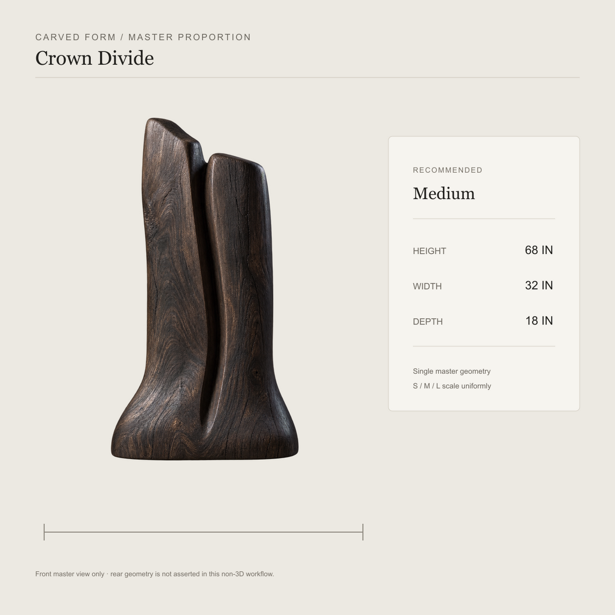 Crown Divide, teak wood floor sculpture — size and scale study