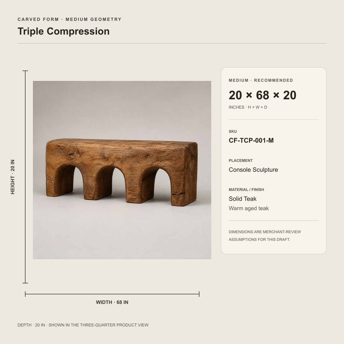 Triple Compression, teak wood console sculpture — size and scale study