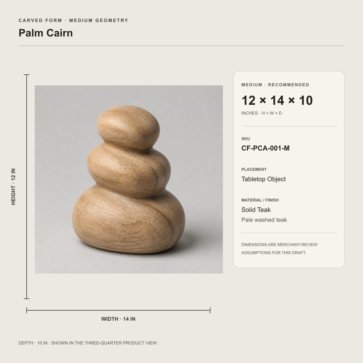 Palm Cairn, teak wood tabletop sculpture — size and scale study