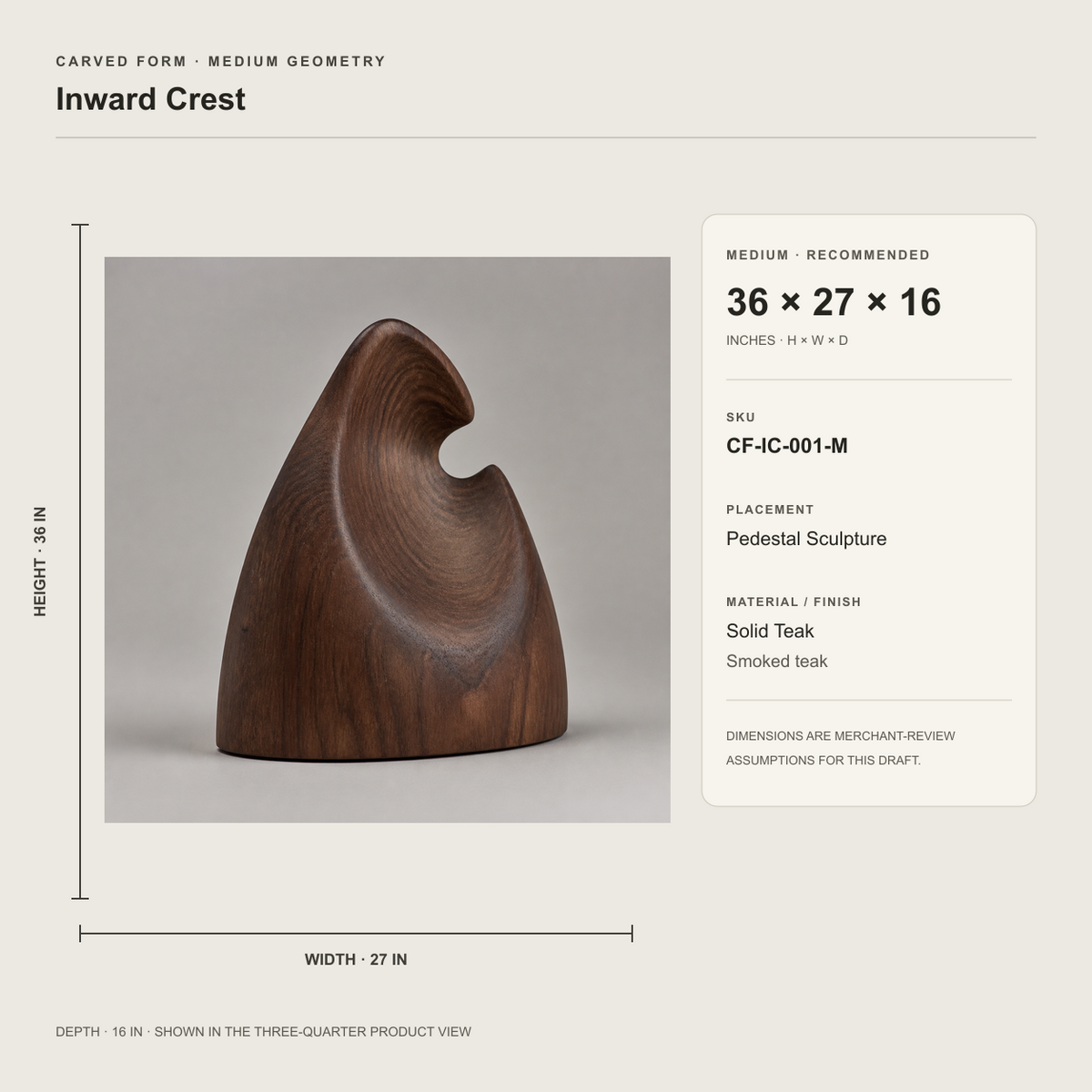 Inward Crest, abstract teak wood sculpture — size and scale study
