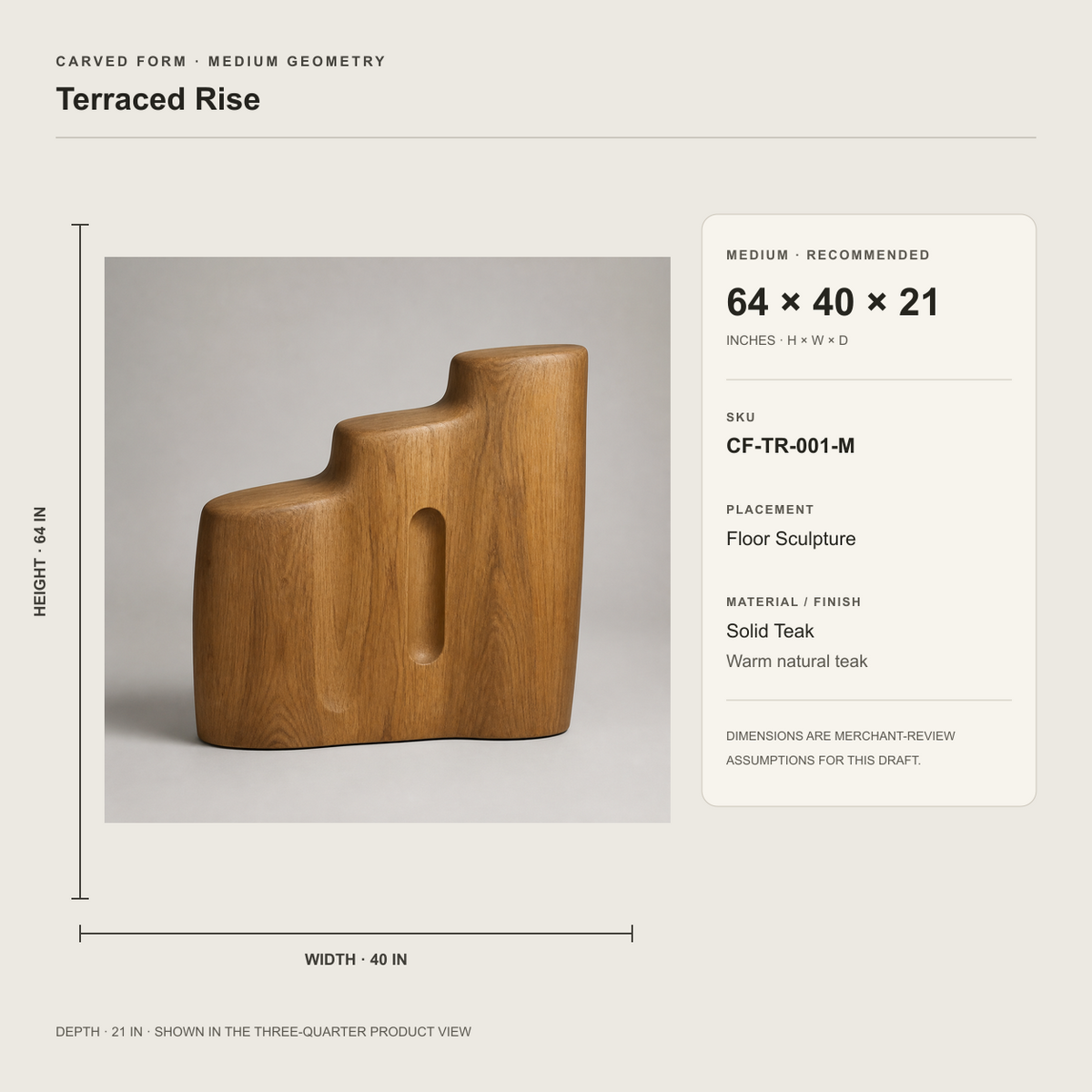 Terraced Rise, teak wood floor sculpture — size and scale study