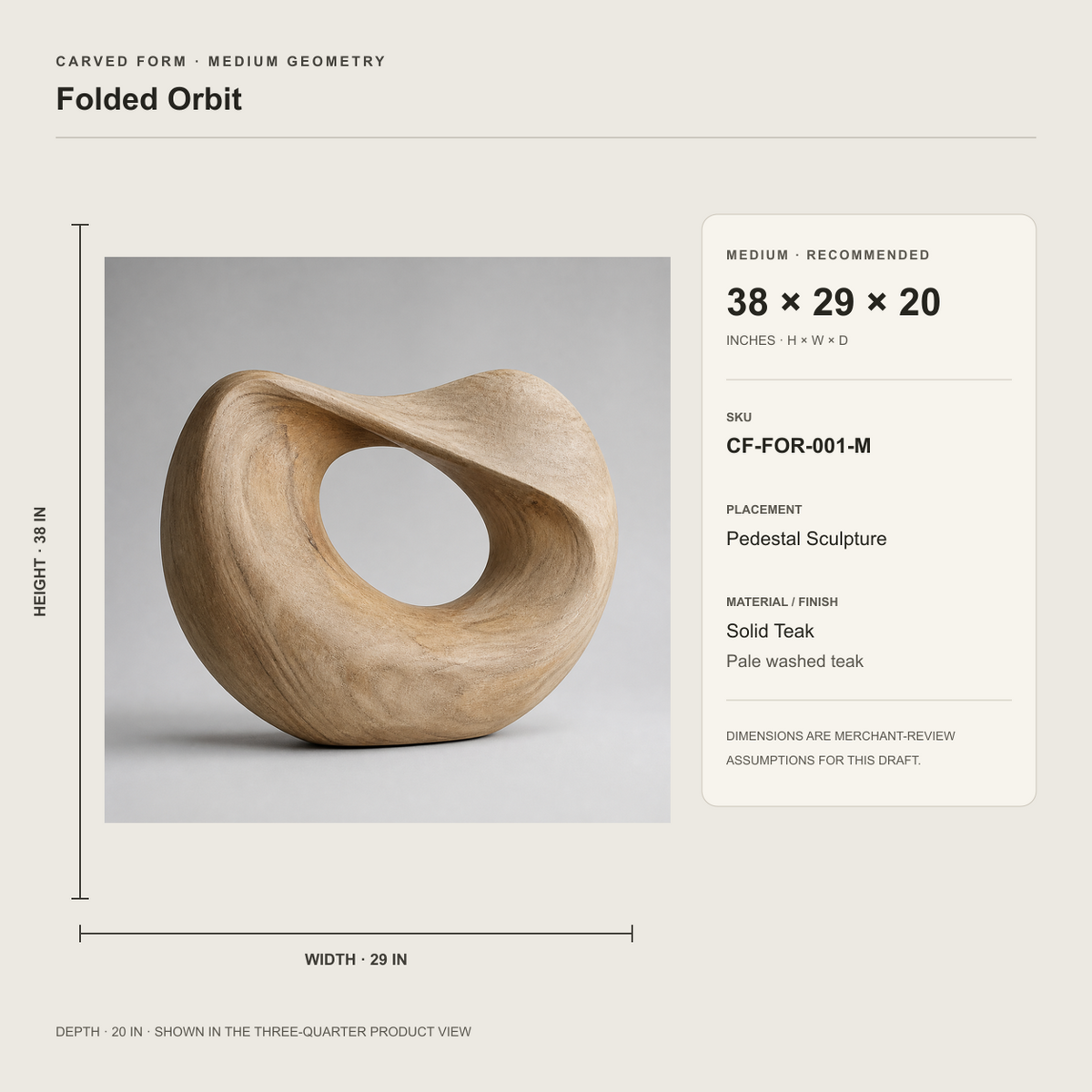 Folded Orbit, abstract teak wood sculpture — size and scale study