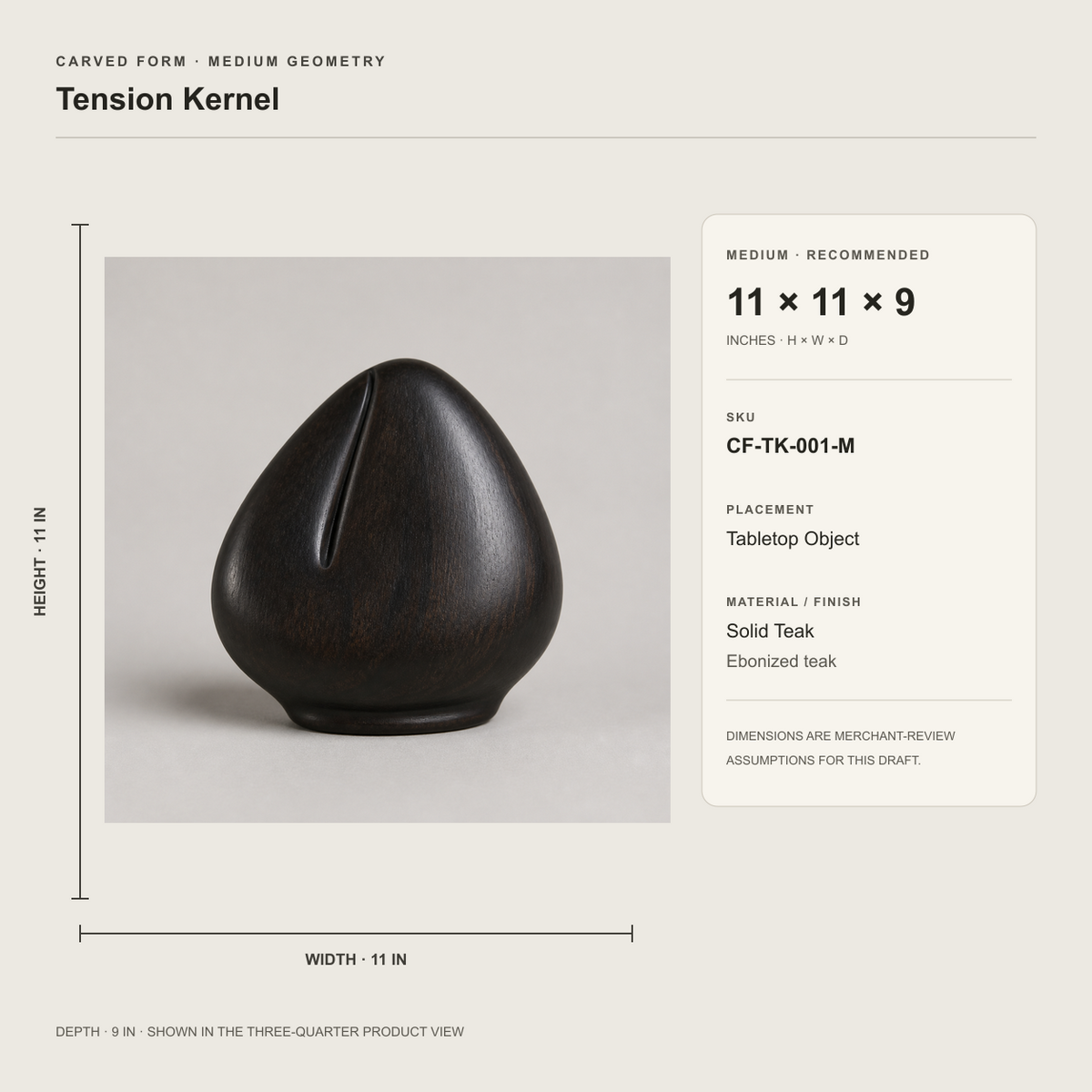 Tension Kernel, teak wood tabletop sculpture — size and scale study