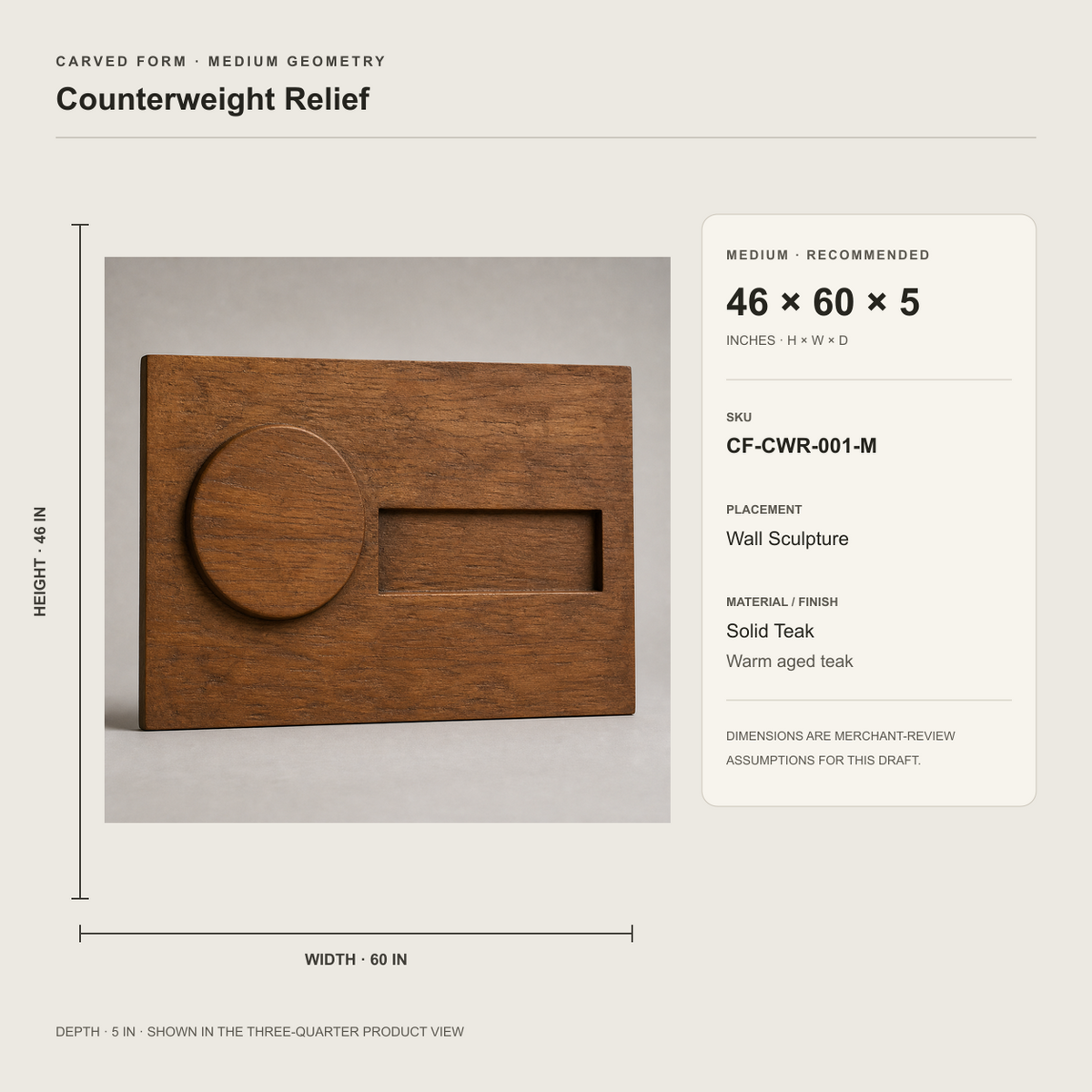Counterweight Relief, carved teak wood wall art — size and scale study