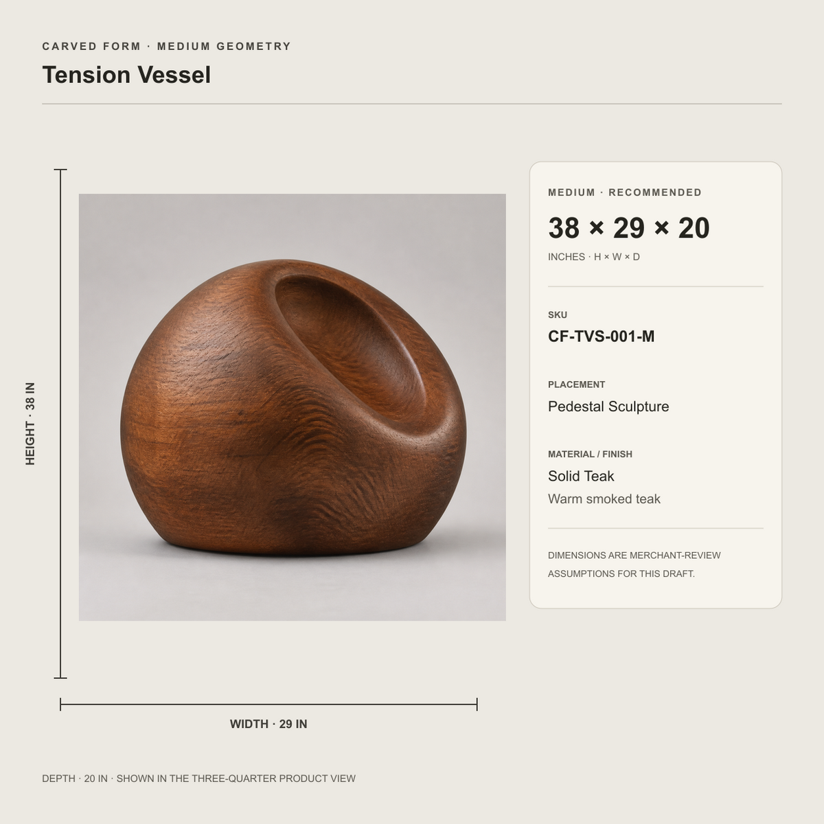 Tension Vessel, abstract teak wood sculpture — size and scale study
