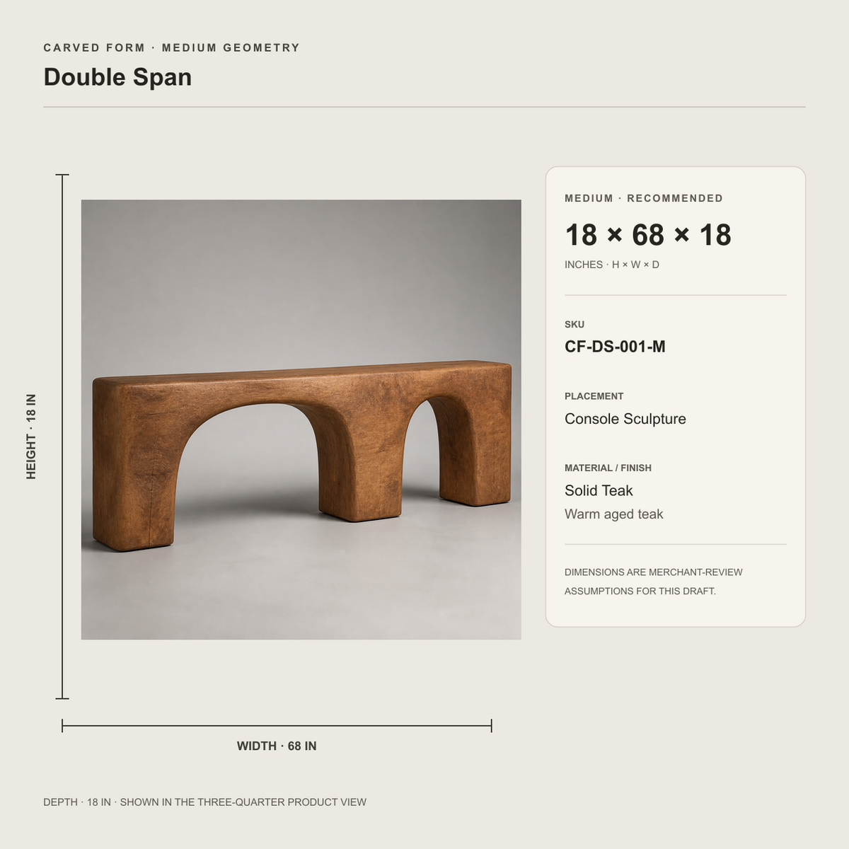 Double Span, teak wood console sculpture — size and scale study