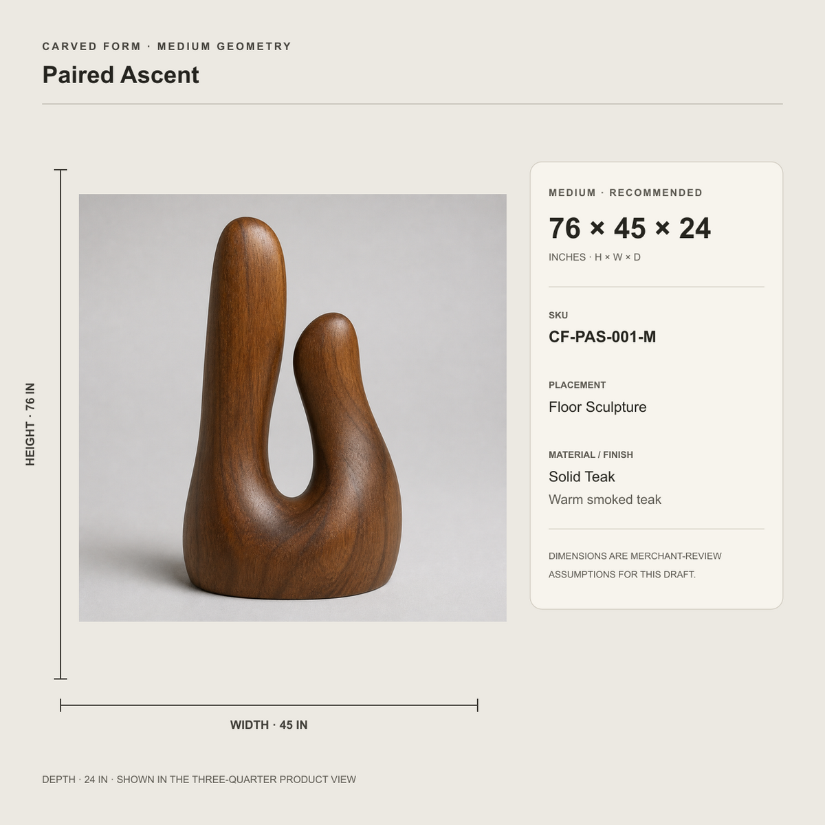 Paired Ascent, teak wood floor sculpture — size and scale study