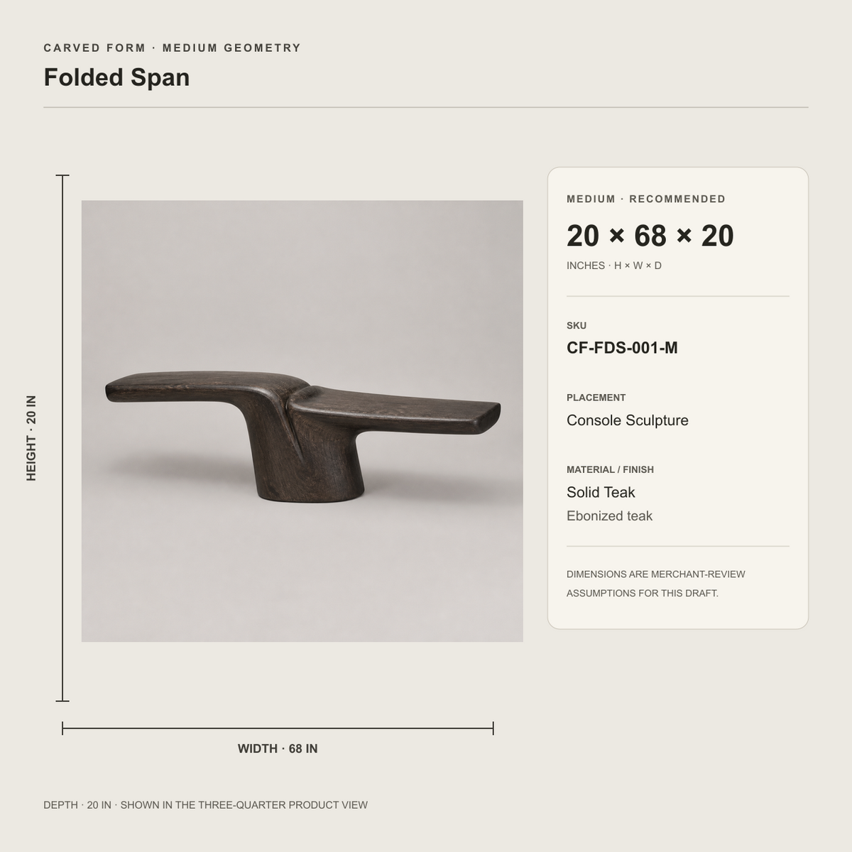 Folded Span, teak wood console sculpture — size and scale study