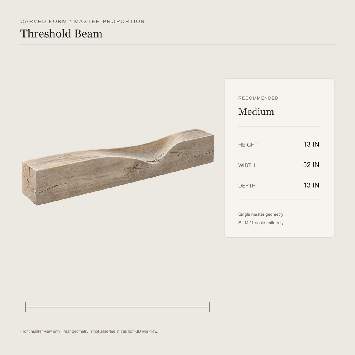 Threshold Beam, teak wood console sculpture — size and scale study