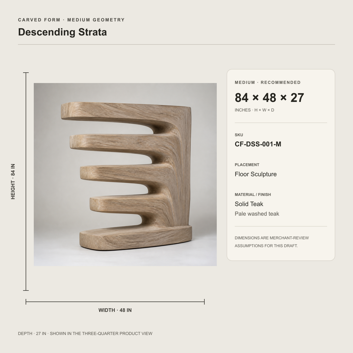 Descending Strata, teak wood floor sculpture — size and scale study