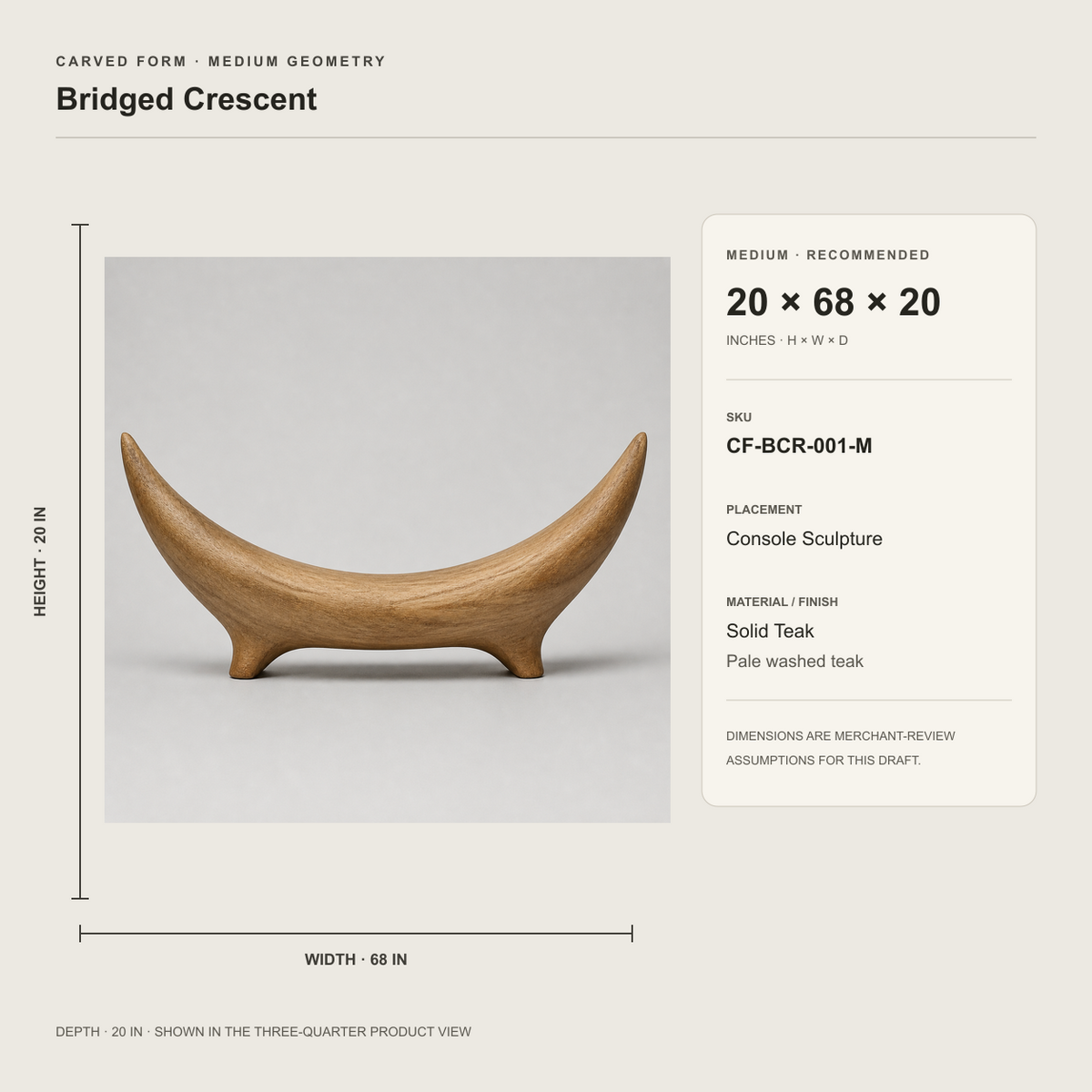 Bridged Crescent, teak wood console sculpture — size and scale study