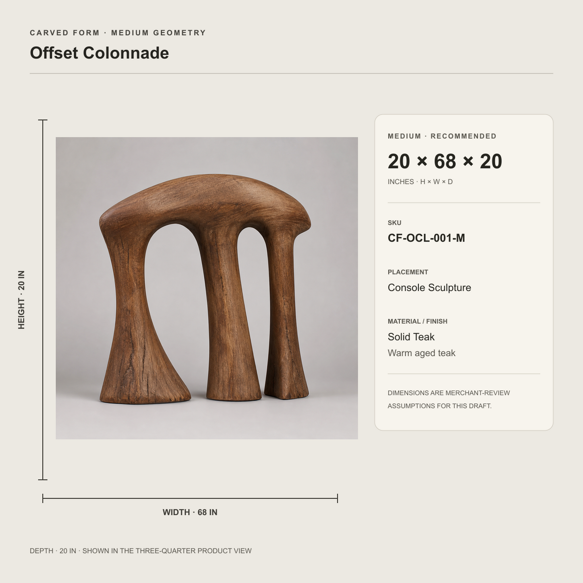 Offset Colonnade, teak wood console sculpture — size and scale study