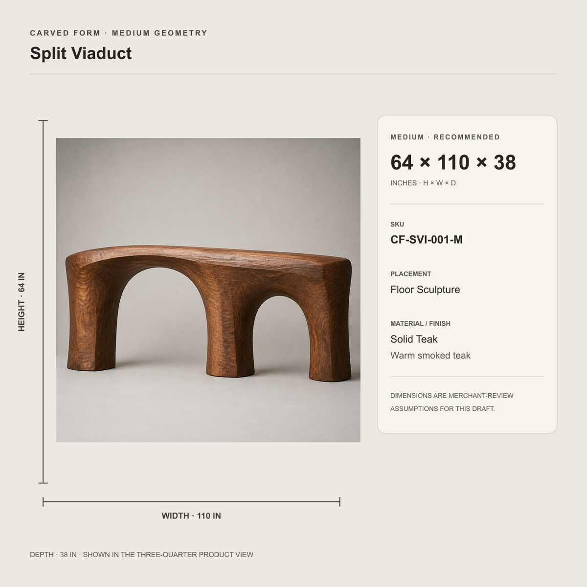 Split Viaduct, teak wood floor sculpture — size and scale study