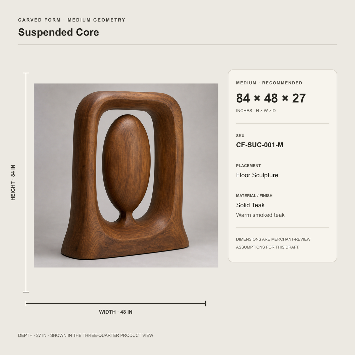 Suspended Core, teak wood floor sculpture — size and scale study