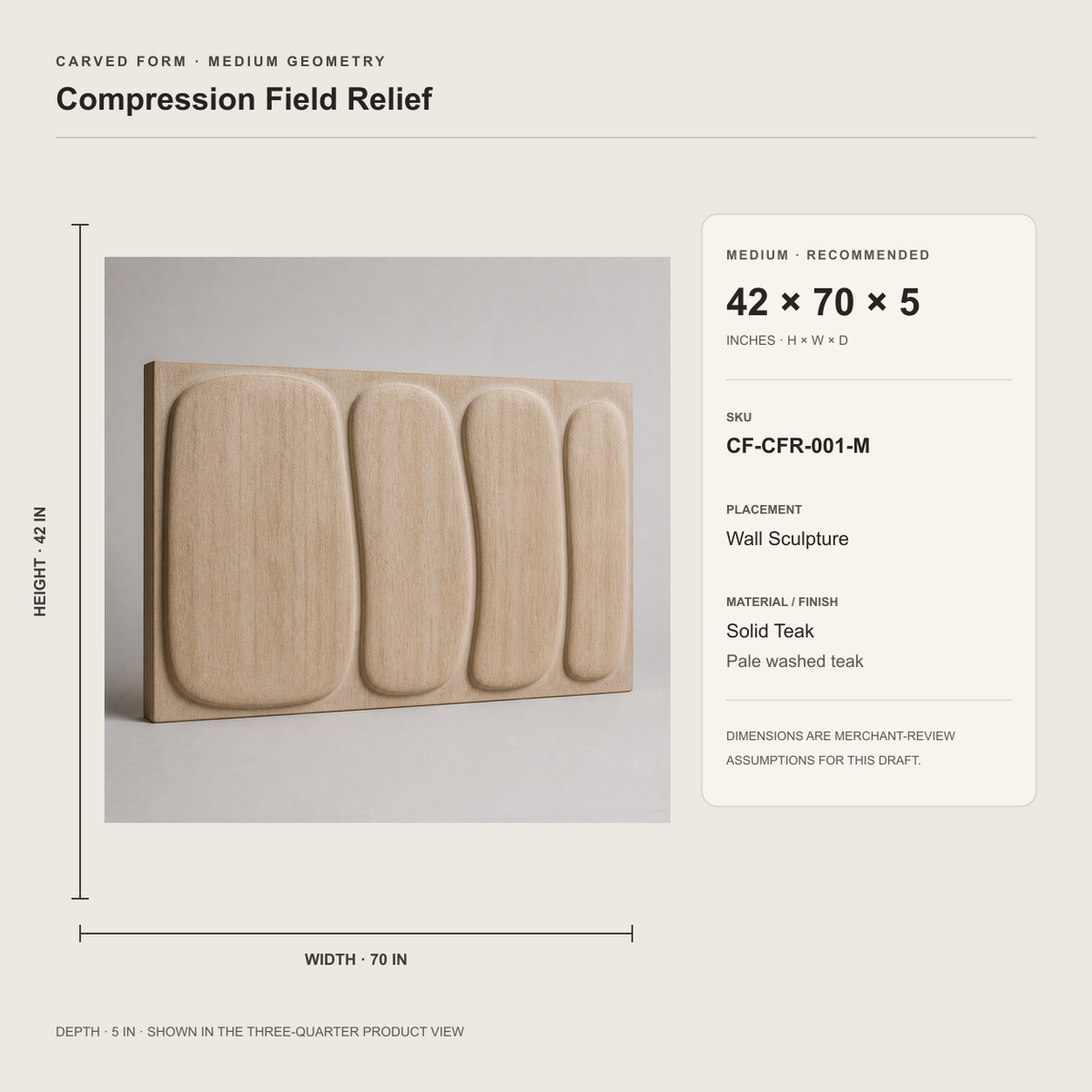 Compression Field Relief, carved teak wood wall art — size and scale study