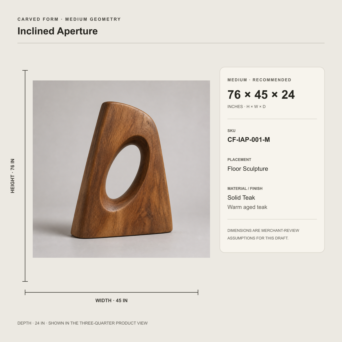 Inclined Aperture, teak wood floor sculpture — size and scale study