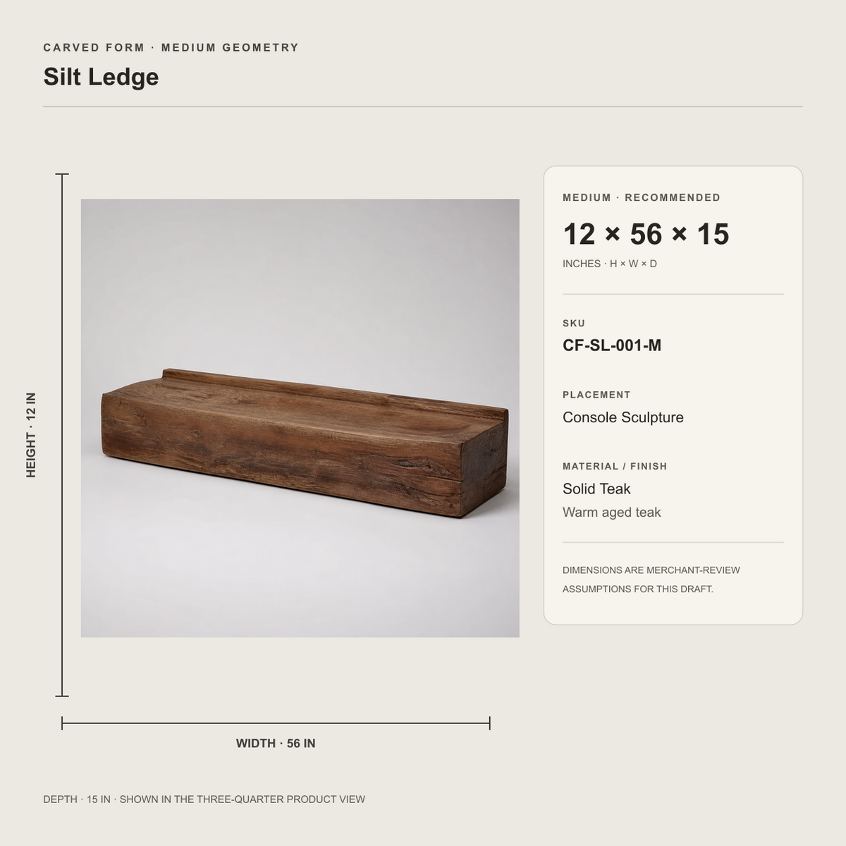 Silt Ledge, teak wood console sculpture — size and scale study