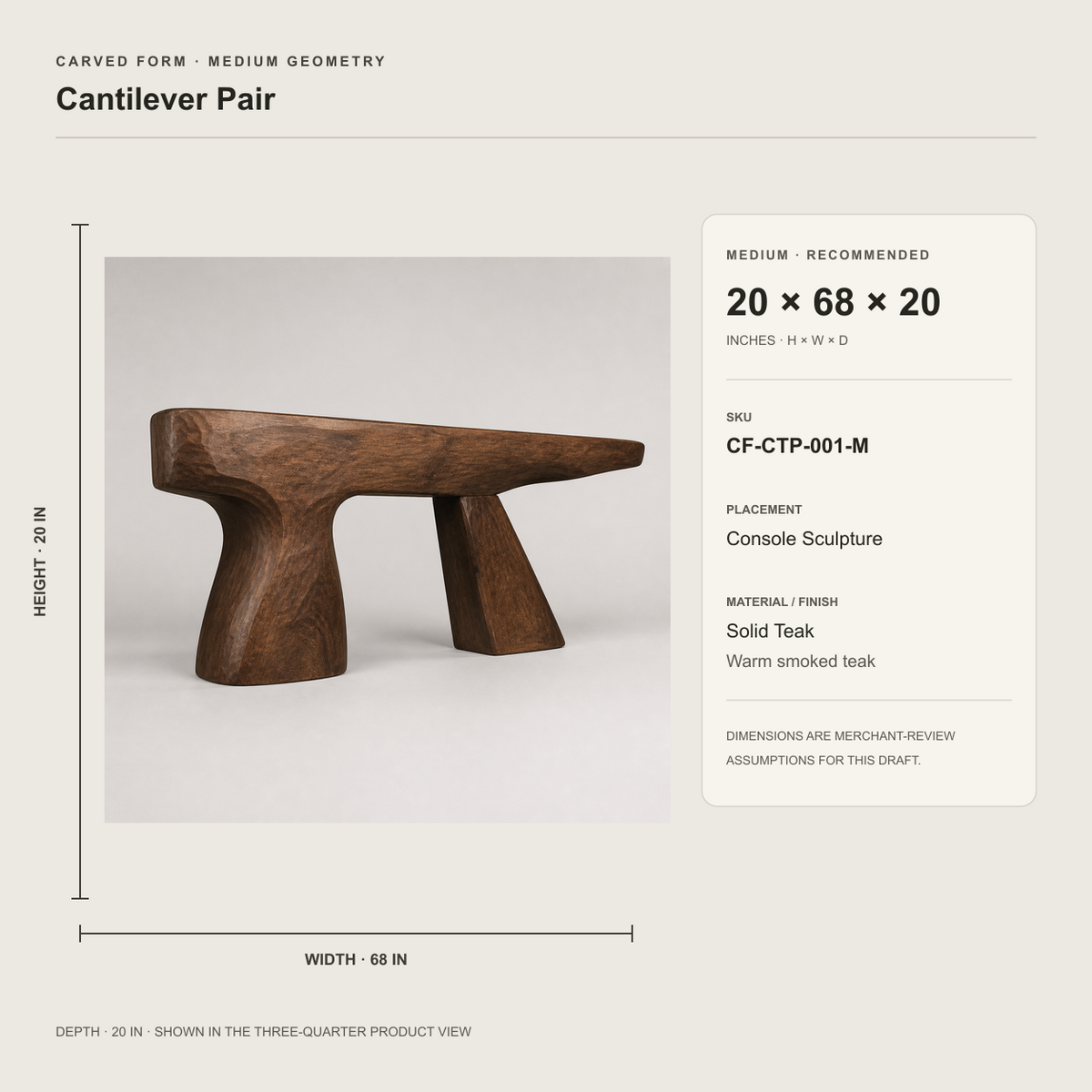 Cantilever Pair, teak wood console sculpture — size and scale study