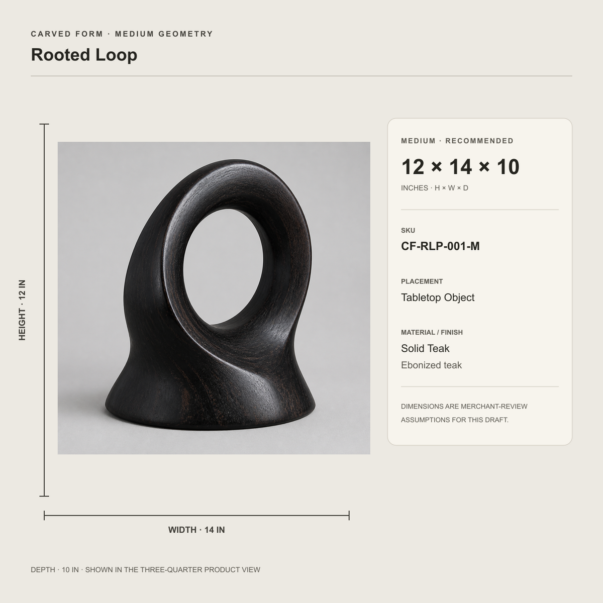 Rooted Loop, teak wood tabletop sculpture — size and scale study