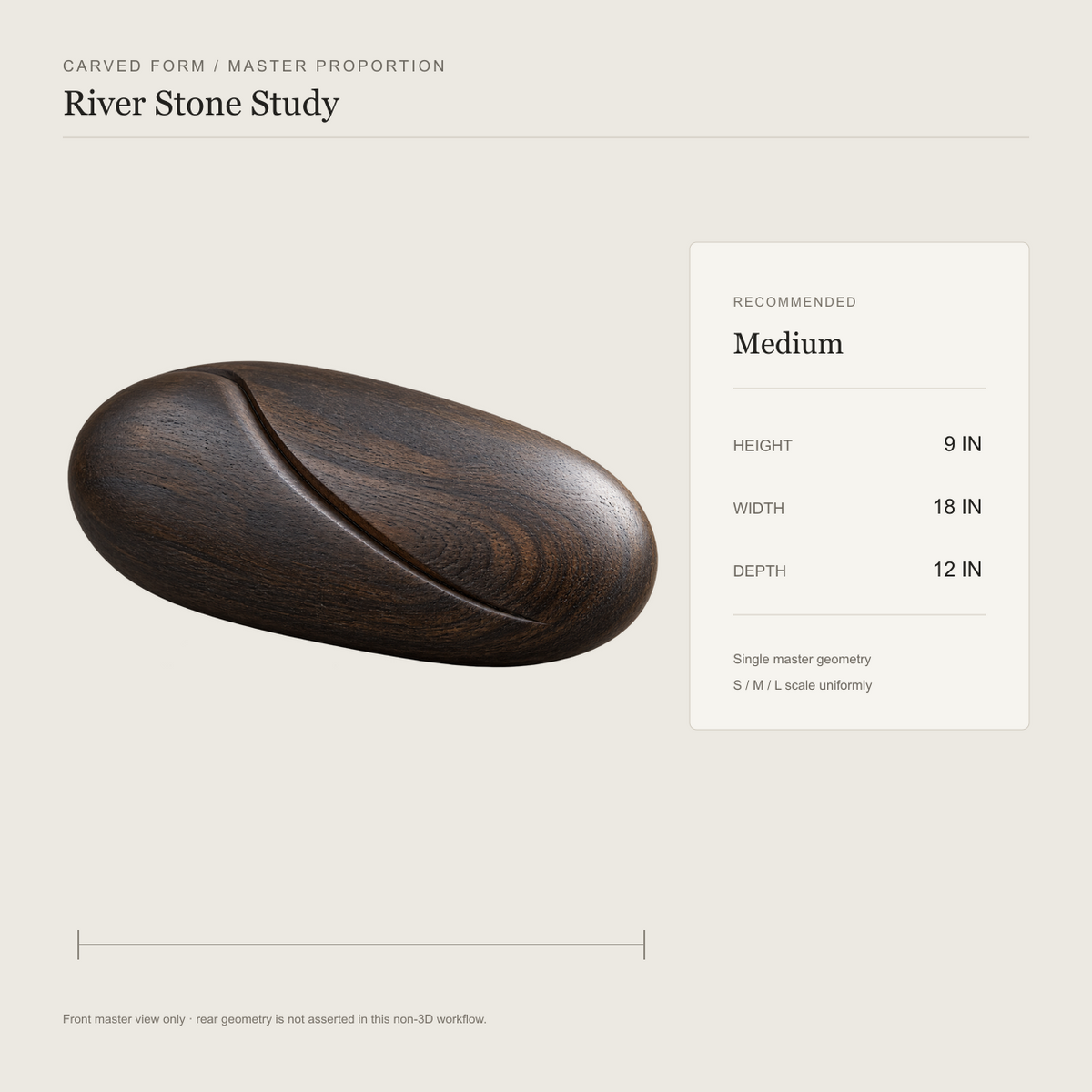 River Stone Study, teak wood tabletop sculpture — size and scale study