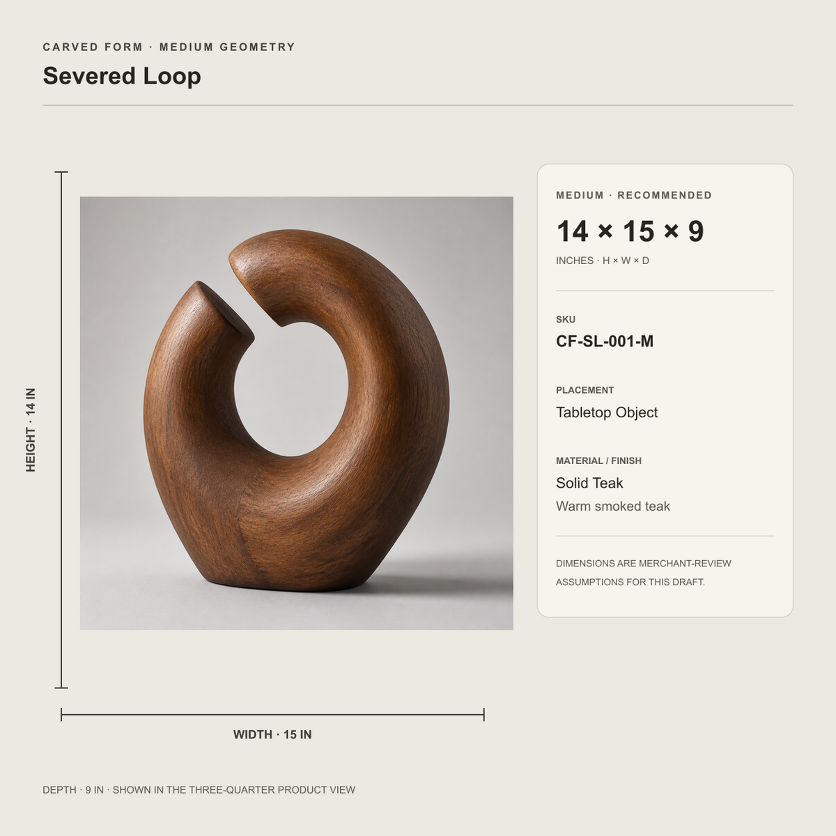 Severed Loop, teak wood tabletop sculpture — size and scale study