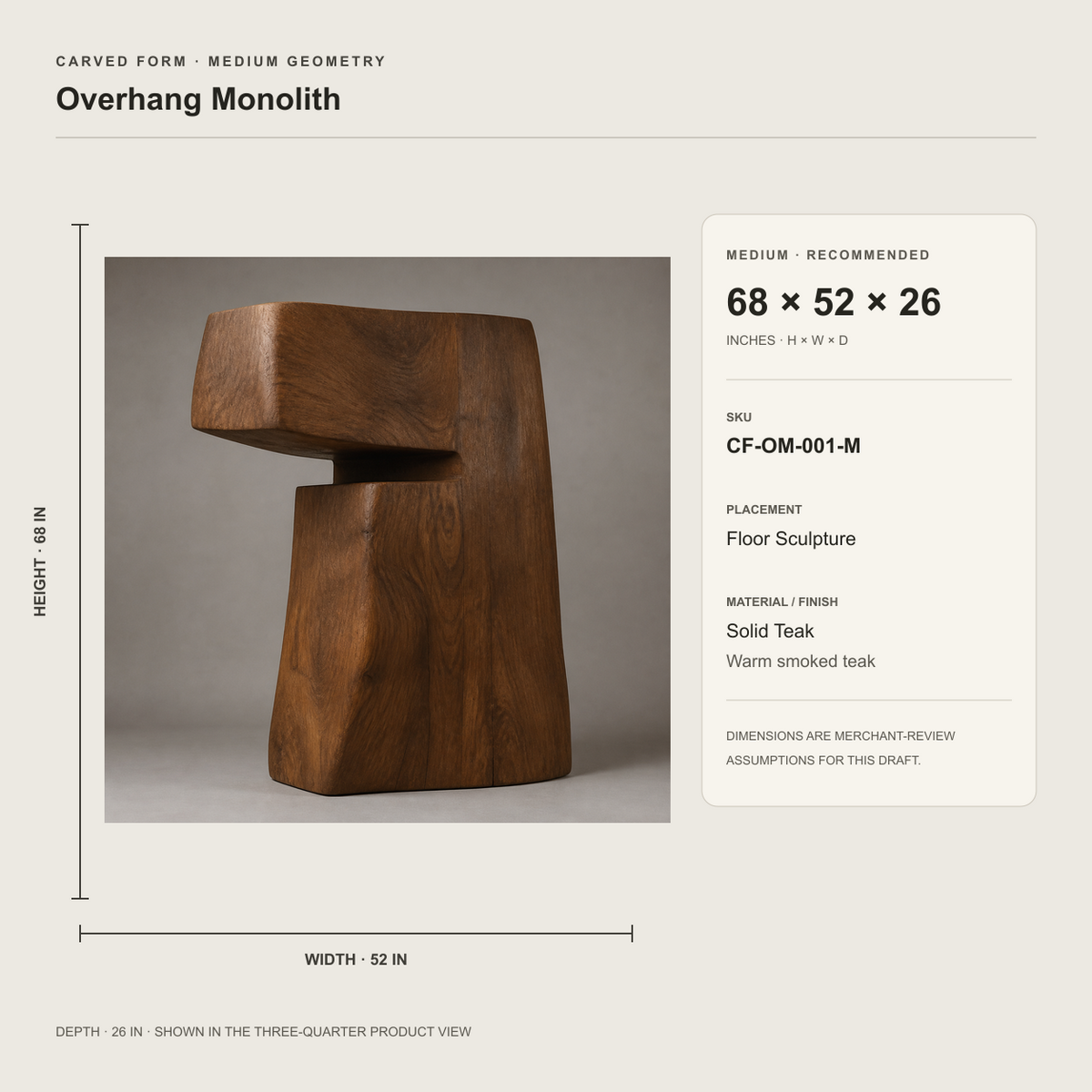 Overhang Monolith, teak wood floor sculpture — size and scale study