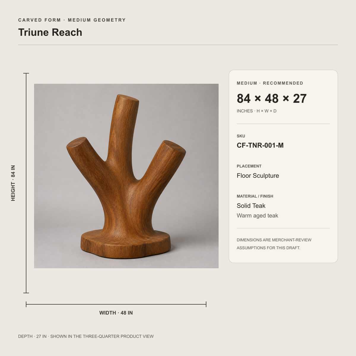 Triune Reach, teak wood floor sculpture — size and scale study