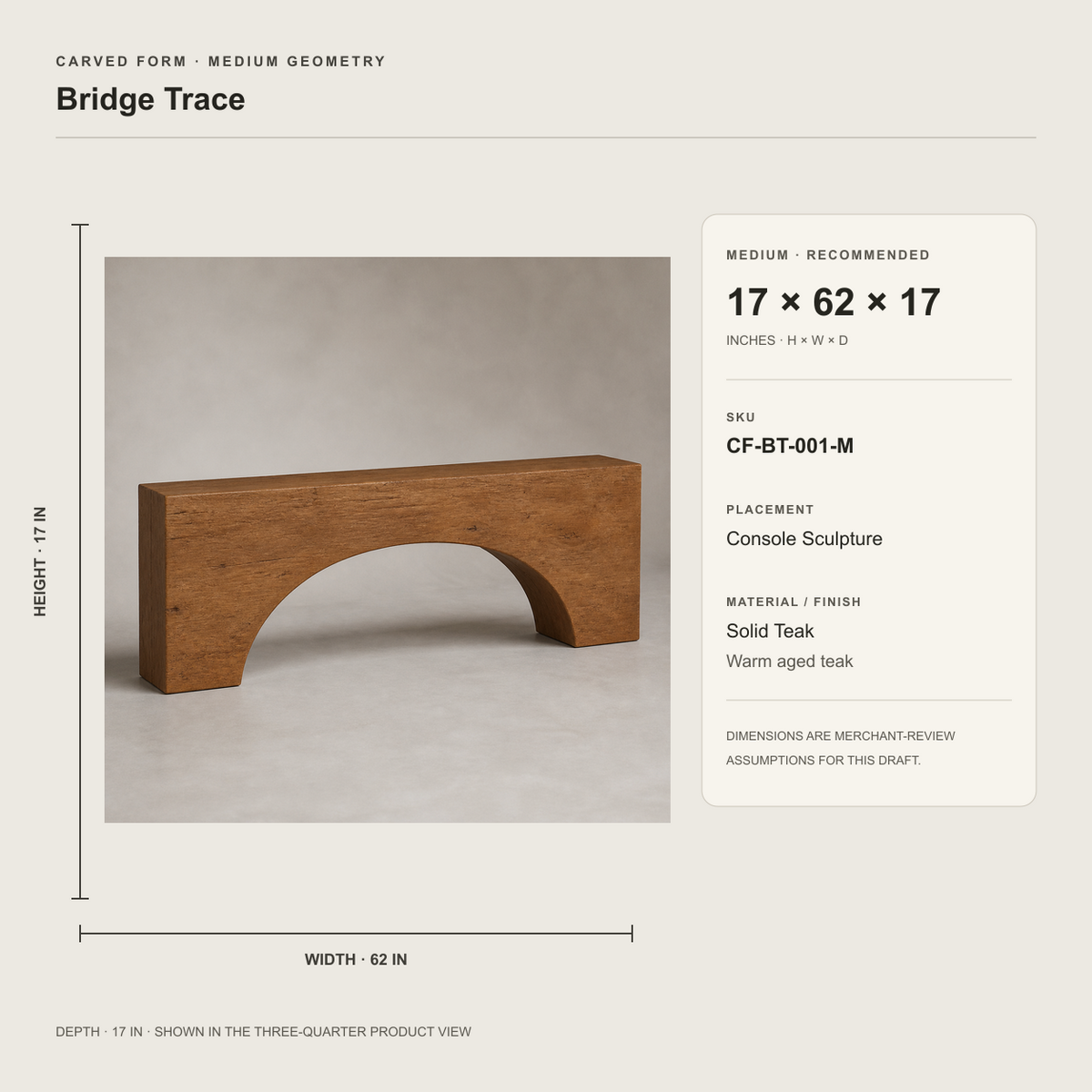 Bridge Trace, teak wood console sculpture — size and scale study
