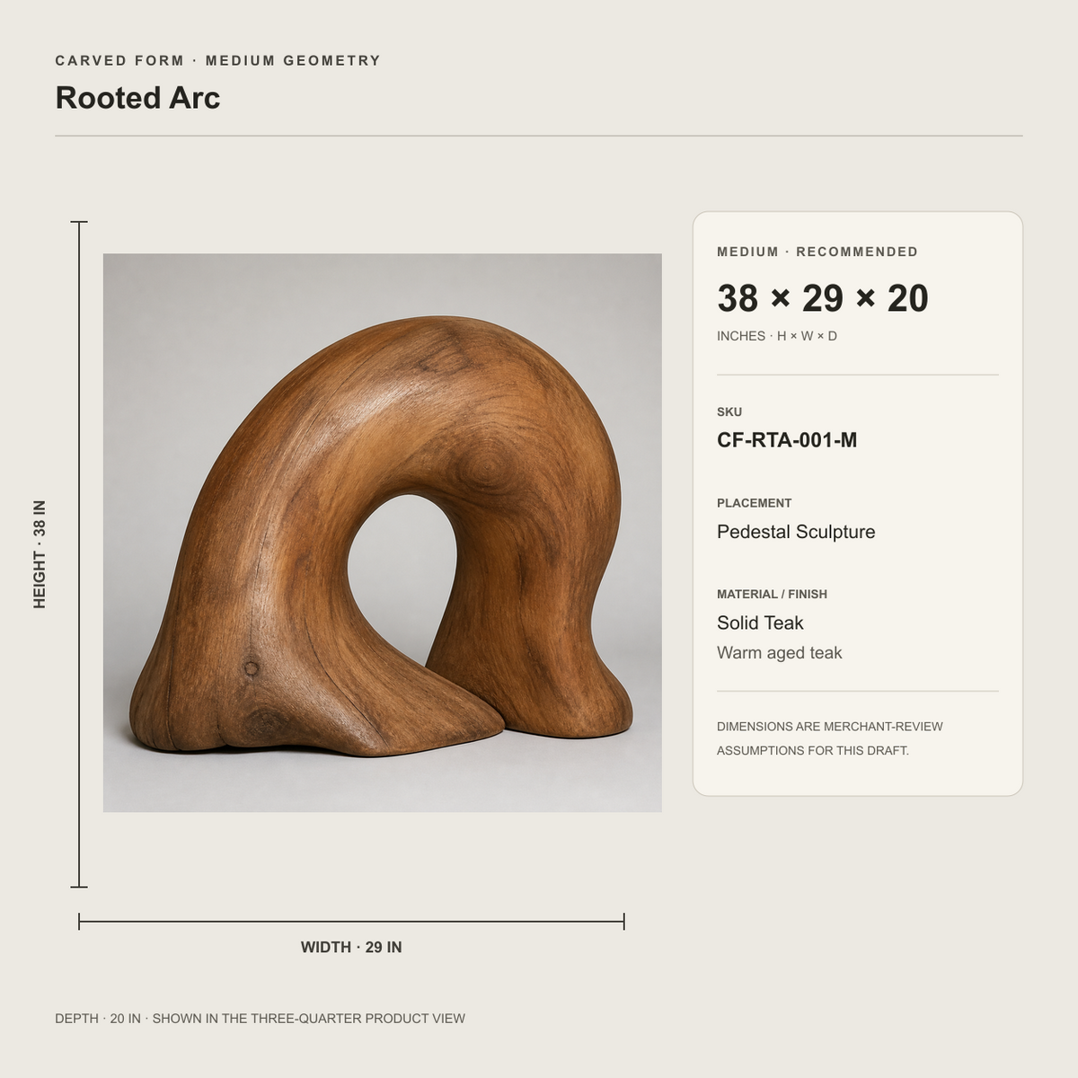 Rooted Arc, abstract teak wood sculpture — size and scale study