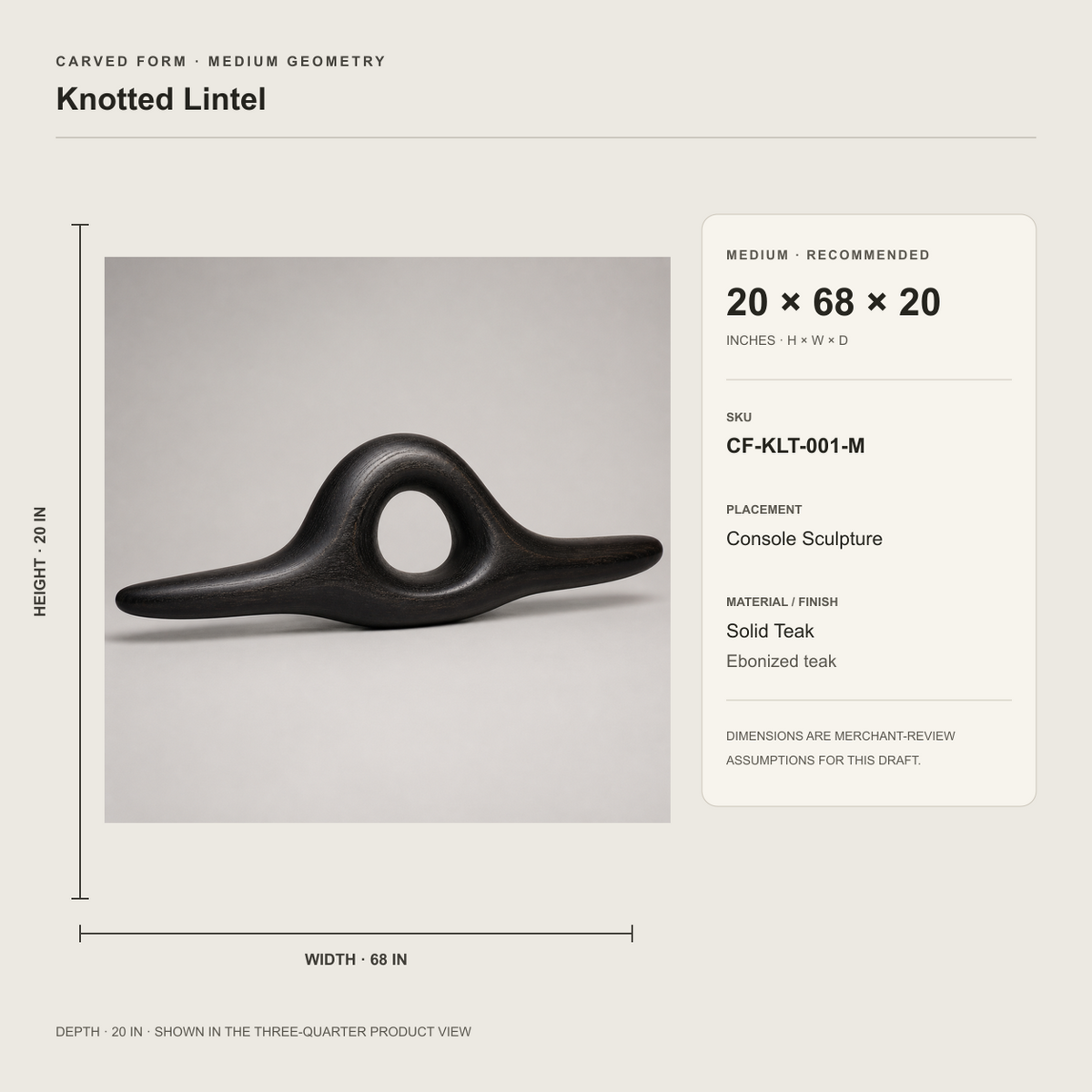 Knotted Lintel, teak wood console sculpture — size and scale study