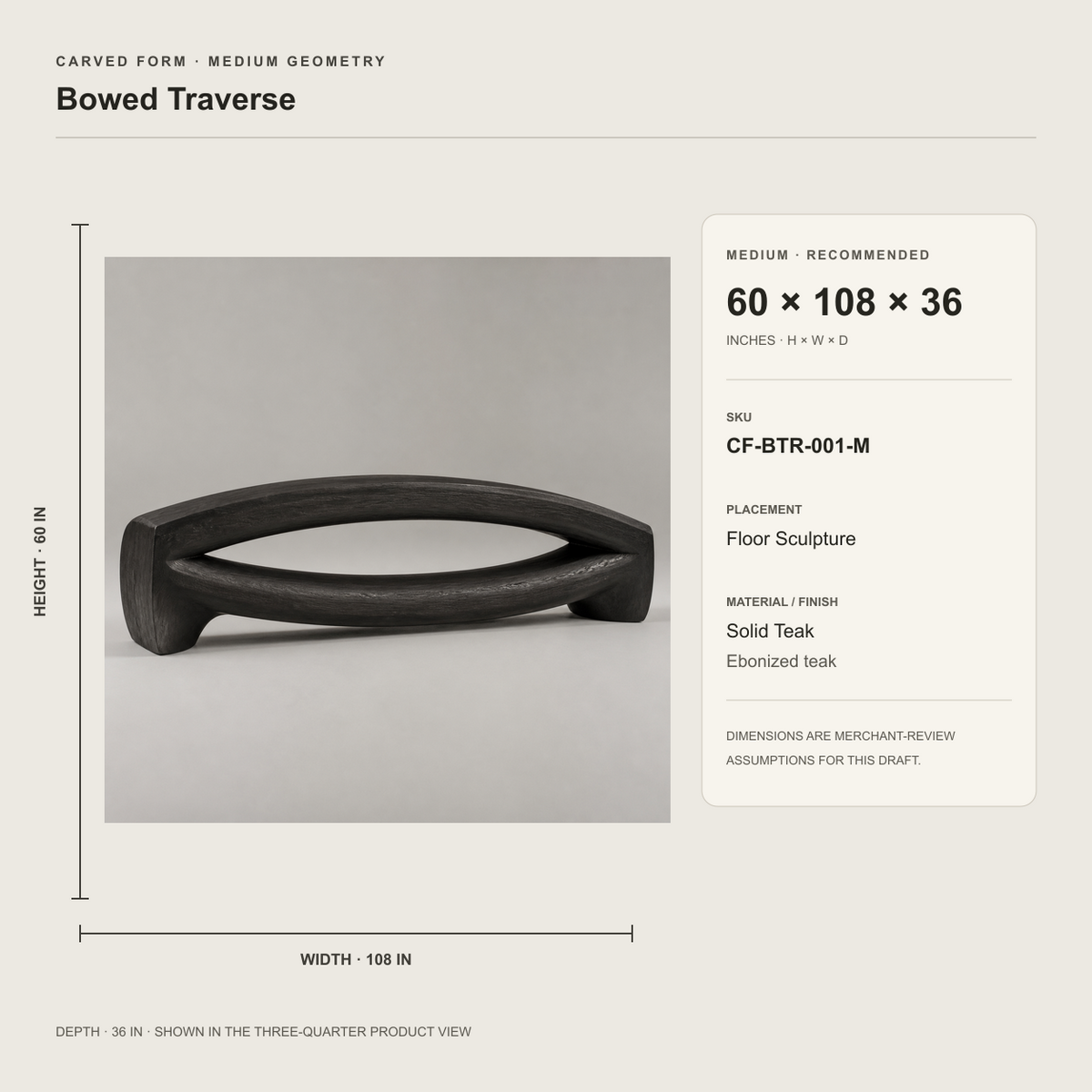Bowed Traverse, teak wood floor sculpture — size and scale study