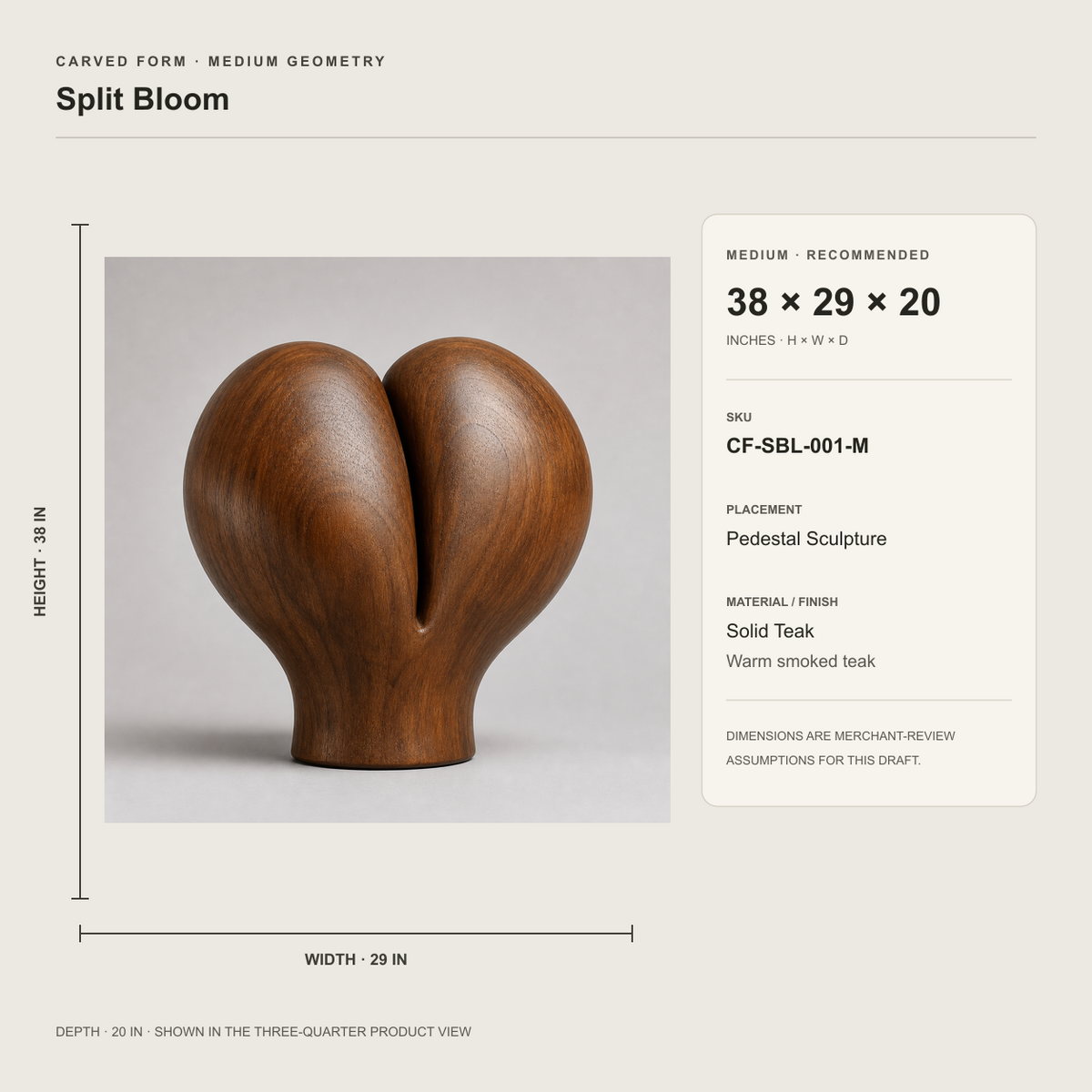 Split Bloom, abstract teak wood sculpture — size and scale study