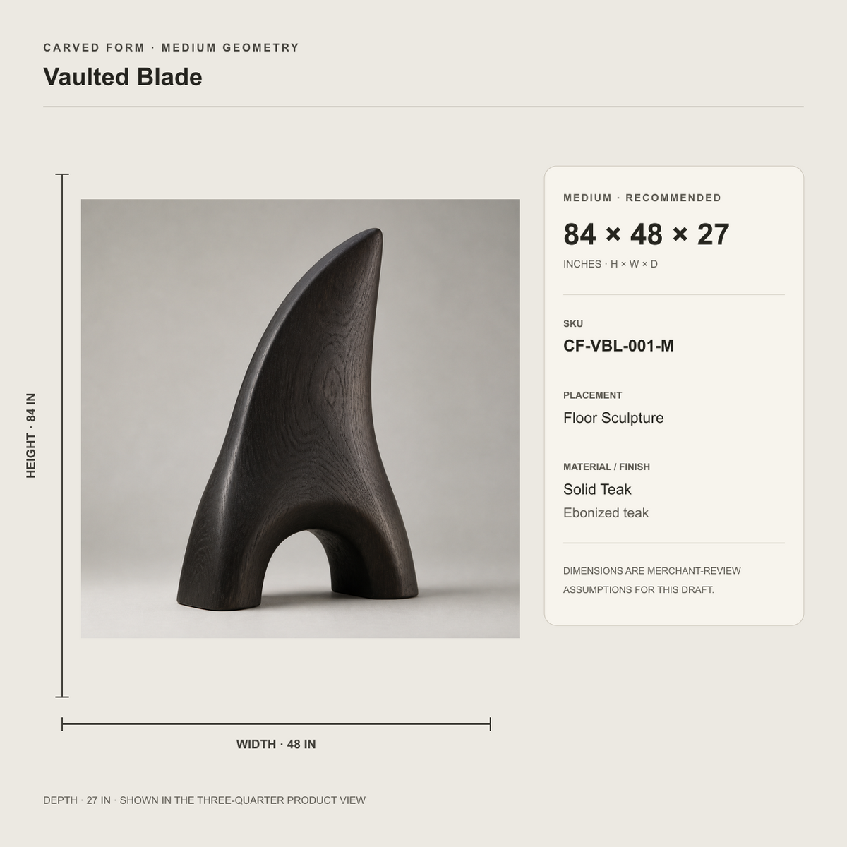 Vaulted Blade, teak wood floor sculpture — size and scale study